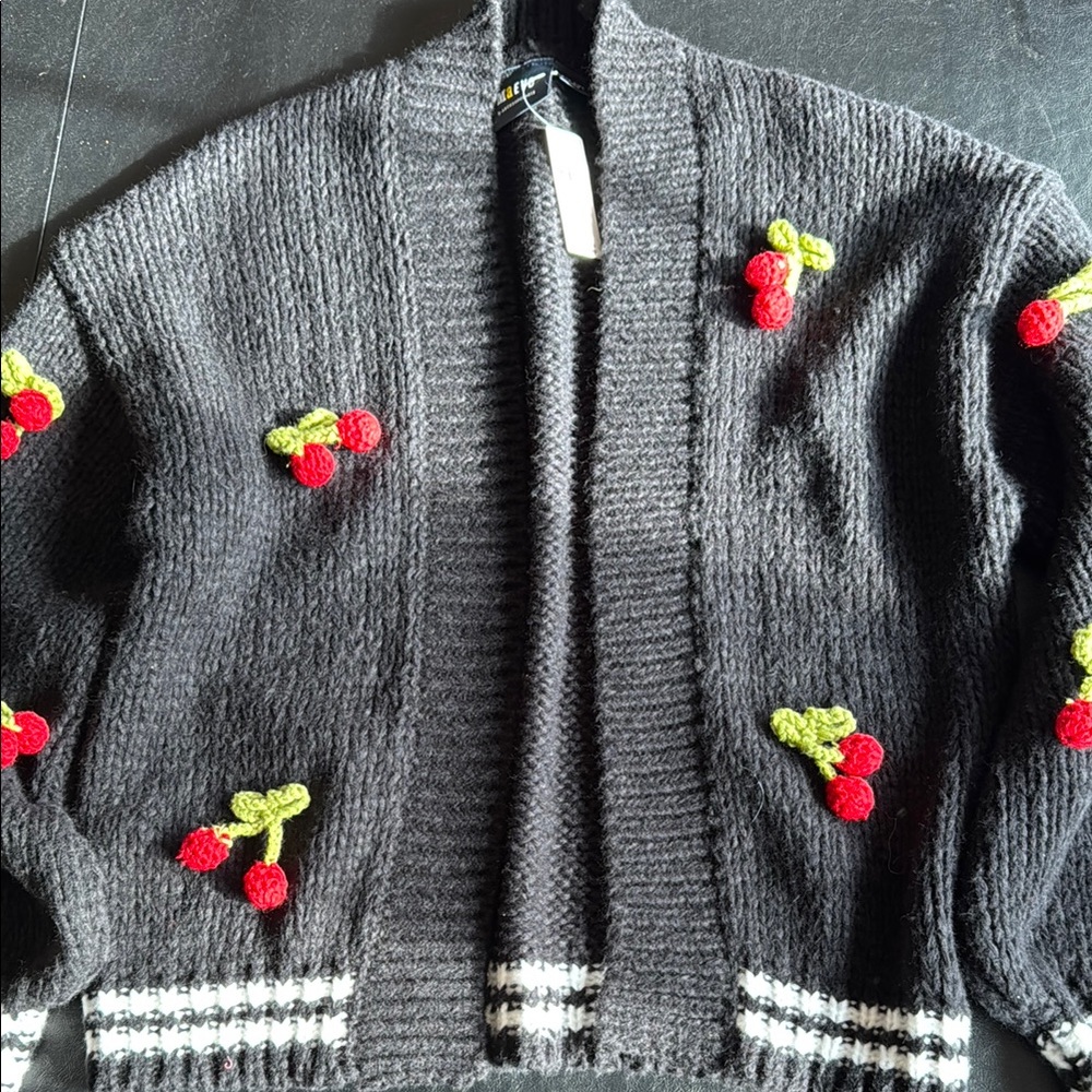 NWT Maeve by Anthropologie Cherry Embellished Black Sweater